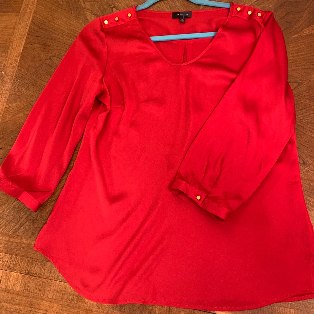 The Limited Holiday Red Silky V-neck Blouse with Gold Buttons, Women’s M